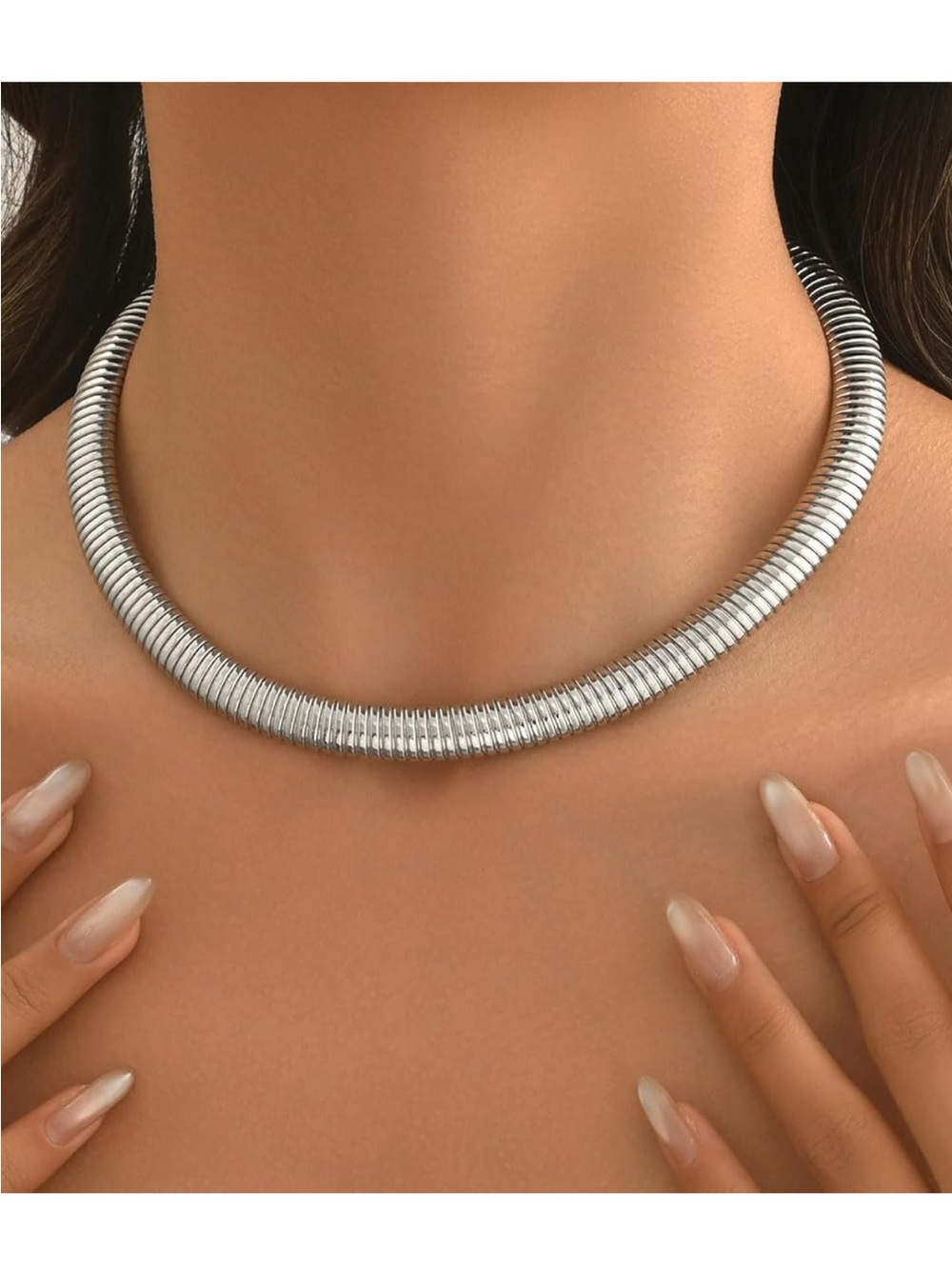 Silver Ribbed Choker Necklace - Women Jewelry
